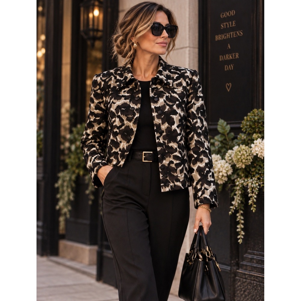 VTG 2000s Talbots Silk Wool Jacket Brown Black Ikat Animal Print Blazer 12 Y2K
